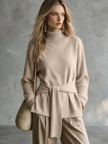 SHEIN Women's Autumn Winter Apricot Knit Sweater, Elegant Mock Neck Long Sleeve Pullover With Bow Tie Waist Design,Chic Feminine Style For Casual Daily Wear - Apricot - View 2