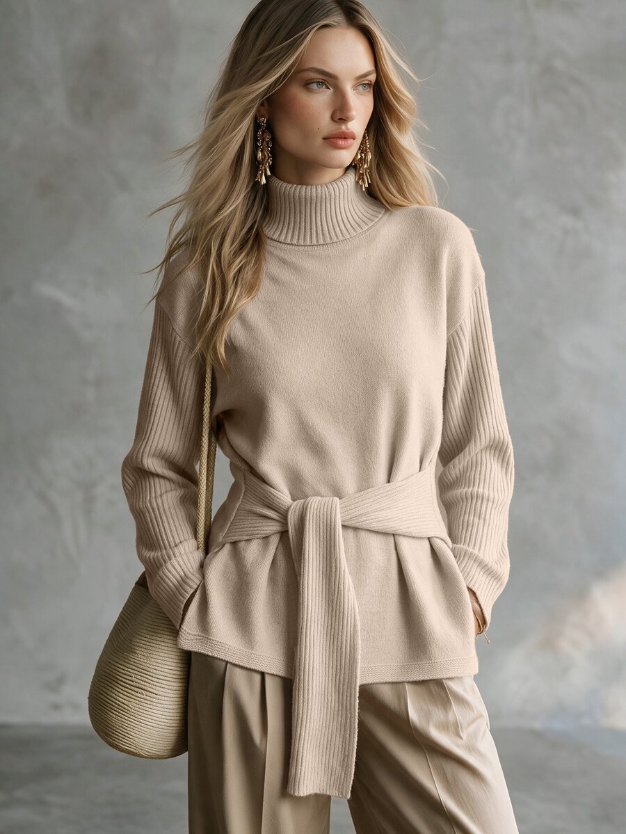 SHEIN Women's Autumn Winter Apricot Knit Sweater, Elegant Mock Neck Long Sleeve Pullover With Bow Tie Waist Design,Chic Feminine Style For Casual Daily Wear