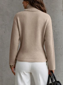 SHEIN Women's Autumn Winter Apricot Knit Sweater, Elegant Mock Neck Long Sleeve Pullover With Bow Tie Waist Design,Chic Feminine Style For Casual Daily Wear - Apricot - View 3