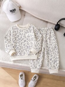 SHEIN Baby Boy Autumn/Winter Casual Letter Print Sweatshirt & Sweatpants Set - Apricot - View 3