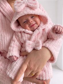 SHEIN Autumn/Winter Double-Sided Fleece Jacquard Striped Plush Thickened Newborn Bathrobe Pink Sweet Gentle Long Sleeve Long Robe With Matching 3D Bow Nightgown - Pink - View 8