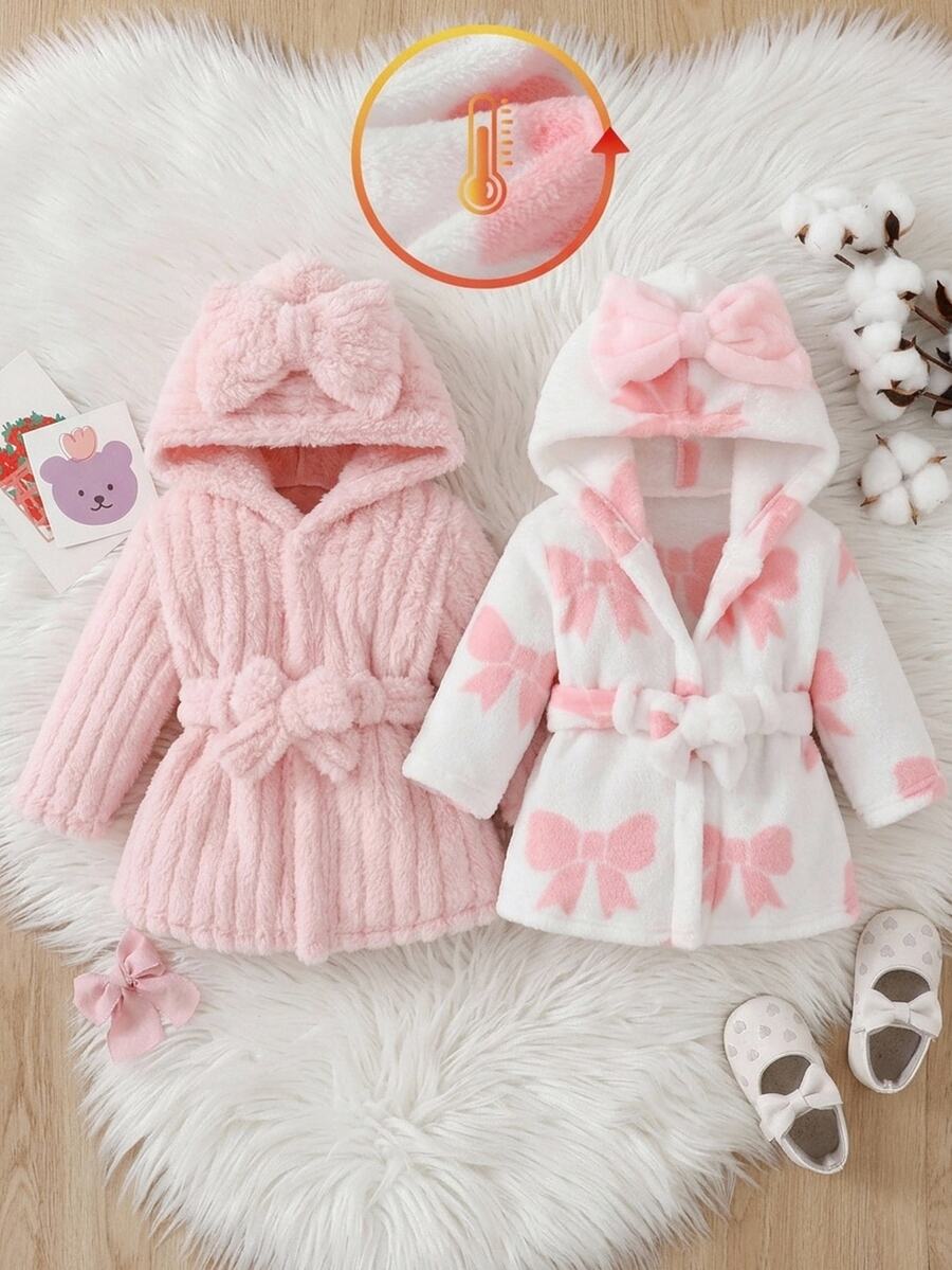 SHEIN Autumn/Winter Double-Sided Fleece Jacquard Striped Plush Thickened Newborn Bathrobe Pink Sweet Gentle Long Sleeve Long Robe With Matching 3D Bow Nightgown - Pink - View 1
