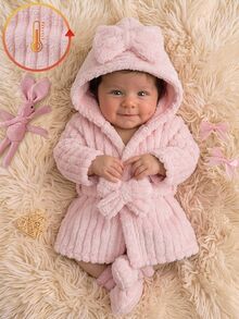 SHEIN Autumn/Winter Double-Sided Fleece Jacquard Striped Plush Thickened Newborn Bathrobe Pink Sweet Gentle Long Sleeve Long Robe With Matching 3D Bow Nightgown - Pink - View 3