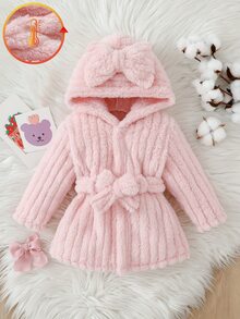 SHEIN Autumn/Winter Double-Sided Fleece Jacquard Striped Plush Thickened Newborn Bathrobe Pink Sweet Gentle Long Sleeve Long Robe With Matching 3D Bow Nightgown - Pink - View 5