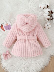 SHEIN Autumn/Winter Double-Sided Fleece Jacquard Striped Plush Thickened Newborn Bathrobe Pink Sweet Gentle Long Sleeve Long Robe With Matching 3D Bow Nightgown - Pink - View 2