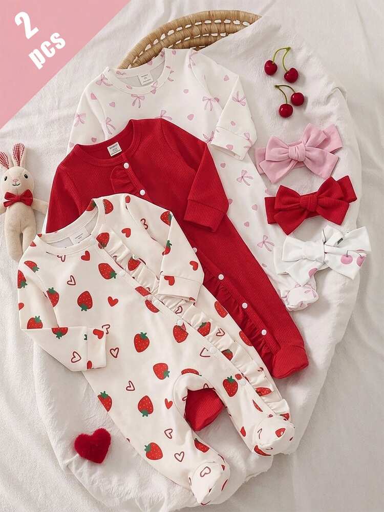 Baju Terusan Bayi Perempuan Baru Lahir Musim Panas/Gugur, Bahan Rajut Bergaris, Lengan Panjang dengan Hiasan Ruffle di Depan dan Ikat Kepala Pita, Set 2 Potong, Warna Merah Murni, Kasual Minimalis, Serbaguna, Modis, Meriah, Kain Lembut, Piyama Rumahan Favorit Ibu untuk Bayi Baru Lahir - Merah - View 4