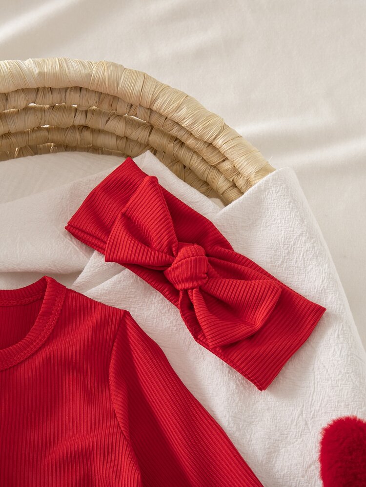 Baju Terusan Bayi Perempuan Baru Lahir Musim Panas/Gugur, Bahan Rajut Bergaris, Lengan Panjang dengan Hiasan Ruffle di Depan dan Ikat Kepala Pita, Set 2 Potong, Warna Merah Murni, Kasual Minimalis, Serbaguna, Modis, Meriah, Kain Lembut, Piyama Rumahan Favorit Ibu untuk Bayi Baru Lahir - Merah - View 6