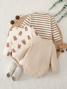 Vintaside Kids 3 Pack Newborn Baby Boys Bodysuits Rompers Cute Beige Brown Striped Bear Ribbed Long Sleeve Round Neck Regular Birthday Fall Holiday Graphic - Multicolor - View 2