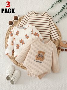 Vintaside Kids 3 Pack Newborn Baby Boys Bodysuits Rompers Cute Beige Brown Striped Bear Ribbed Long Sleeve Round Neck Regular Birthday Fall Holiday Graphic - Multicolor - View 5
