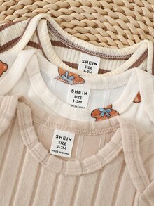 Vintaside Kids 3 Pack Newborn Baby Boys Bodysuits Rompers Cute Beige Brown Striped Bear Ribbed Long Sleeve Round Neck Regular Birthday Fall Holiday Graphic - Multicolor - View 7