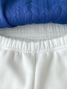 SHEIN 2件組幼兒男孩衛衣+長褲套裝，可愛皇家藍白色熊貼布，粗針編織長袖圓領加厚款，生日派對秋季假期聖誕穿搭 - 藍白色 - 查看 7