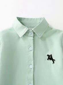 SHEIN 男童休閒馬繡長袖襯衫和長褲套裝，適合日常穿著 - 薄荷綠 - 查看 4