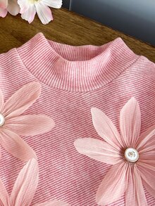 SHEIN 2件組幼女上衣+長褲，甜粉色3D花朵貼飾、長袖假領、休閒款、秋季節慶芭蕾風、舒適彈性、不對稱羅紋喇叭褲 - 粉色 - 查看 9
