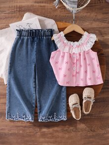 SHEIN 2件組少女休閒時尚荷葉邊蕾絲圓領無袖寬鬆刺繡蕾絲布料背心 + 牛仔喇叭褲刺繡百搭褲裝套裝，適合度假、旅行、日常穿著、夏季，柔軟舒適面料，2026春夏新時尚，SS26，度假旅行必備，兒童夏季服飾，26春夏新時尚 - 粉色 - 查看 2