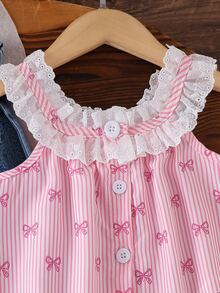 SHEIN 2件組少女休閒時尚荷葉邊蕾絲圓領無袖寬鬆刺繡蕾絲布料背心 + 牛仔喇叭褲刺繡百搭褲裝套裝，適合度假、旅行、日常穿著、夏季，柔軟舒適面料，2026春夏新時尚，SS26，度假旅行必備，兒童夏季服飾，26春夏新時尚 - 粉色 - 查看 5