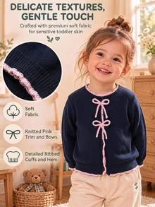 SHEIN Girls Autumn Winter Thick Fashion Bow Cute Minimalist Knit Sweater Long Sleeve Cardigan - Navy Blue - View 8