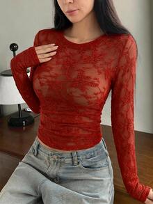 DAZY 女款緹花紋理半透修身長袖睡衣上衣 - 紅色 - 查看 3