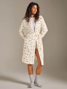 Athîral Women's Loose Fit Cream White Pajama Robe,Ribbed Knit,Lace Trim,Long Sleeves,Christmas Tree Print,Summer,Coquette Lounge,Home Date - Multicolor - View 1
