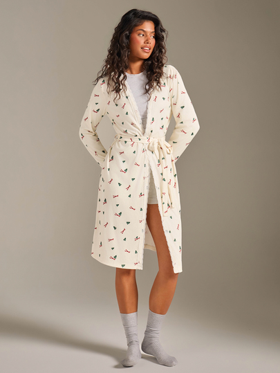 Athîral Women's Loose Fit Cream White Pajama Robe,Ribbed Knit,Lace Trim,Long Sleeves,Christmas Tree Print,Summer,Coquette Lounge,Home Date