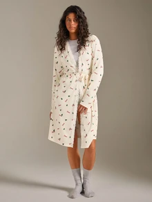 Athîral Women's Loose Fit Cream White Pajama Robe,Ribbed Knit,Lace Trim,Long Sleeves,Christmas Tree Print,Summer,Coquette Lounge,Home Date - Multicolor - View 3