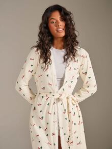 Athîral Women's Loose Fit Cream White Pajama Robe,Ribbed Knit,Lace Trim,Long Sleeves,Christmas Tree Print,Summer,Coquette Lounge,Home Date - Multicolor - View 5