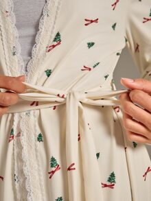 Athîral Women's Loose Fit Cream White Pajama Robe,Ribbed Knit,Lace Trim,Long Sleeves,Christmas Tree Print,Summer,Coquette Lounge,Home Date - Multicolor - View 6