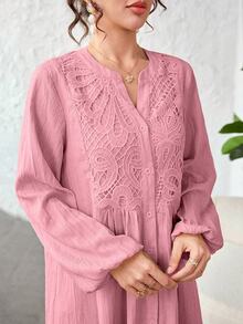 Mulvari 缺口V領刺繡拼接紋理純色阿拉伯風洋裝 - 粉色 - 查看 4