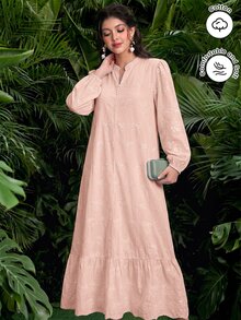 SHEIN Najma Women's Arabian Dress With Mock Neck, Button Decor, Embroidered Fabric, Lantern Long Sleeves And Flared Skirt - Pink - View 4
