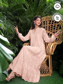SHEIN Najma Women's Arabian Dress With Mock Neck, Button Decor, Embroidered Fabric, Lantern Long Sleeves And Flared Skirt - Pink - View 1