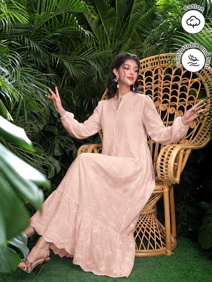 SHEIN Najma Women's Arabian Dress With Mock Neck, Button Decor, Embroidered Fabric, Lantern Long Sleeves And Flared Skirt - Pink - View 1
