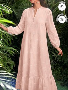 SHEIN Najma Women's Arabian Dress With Mock Neck, Button Decor, Embroidered Fabric, Lantern Long Sleeves And Flared Skirt - Pink - View 7