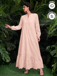 SHEIN Najma Women's Arabian Dress With Mock Neck, Button Decor, Embroidered Fabric, Lantern Long Sleeves And Flared Skirt - Pink - View 5