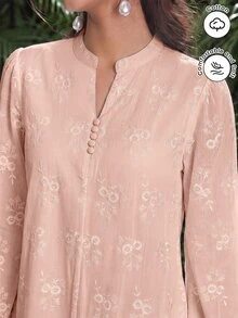 SHEIN Najma Women's Arabian Dress With Mock Neck, Button Decor, Embroidered Fabric, Lantern Long Sleeves And Flared Skirt - Pink - View 3