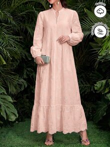 SHEIN Najma Women's Arabian Dress With Mock Neck, Button Decor, Embroidered Fabric, Lantern Long Sleeves And Flared Skirt - Pink - View 6