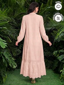 SHEIN Najma Women's Arabian Dress With Mock Neck, Button Decor, Embroidered Fabric, Lantern Long Sleeves And Flared Skirt - Pink - View 2