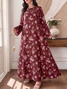 Al Najma 女款優雅紅色印花繫領洋裝，適合春秋穿著，酒紅色秋冬新年新款 - 彩色 - 查看 4