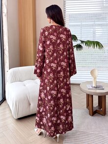 Al Najma 女款優雅紅色印花繫領洋裝，適合春秋穿著，酒紅色秋冬新年新款 - 彩色 - 查看 5
