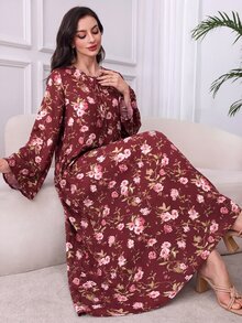 Al Najma 女款優雅紅色印花繫領洋裝，適合春秋穿著，酒紅色秋冬新年新款 - 彩色 - 查看 6