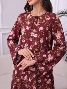 Al Najma 女款優雅紅色印花繫領洋裝，適合春秋穿著，酒紅色秋冬新年新款 - 彩色 - 查看 1