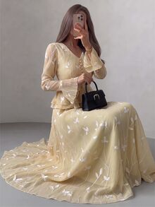 Modelyn Elegant French Lazy Warm Yellow Vintage V-Neck Cinched Waist Decorative Buttons Ruffle Bell Sleeve Draped Embroidery Branch Pattern Gauze Skirt Women 2 Pieces Set - Khaki - View 2