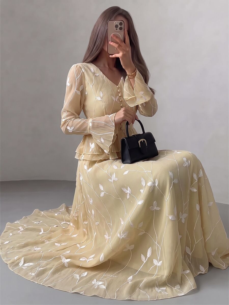Modelyn Elegant French Lazy Warm Yellow Vintage V-Neck Cinched Waist Decorative Buttons Ruffle Bell Sleeve Draped Embroidery Branch Pattern Gauze Skirt Women 2 Pieces Set