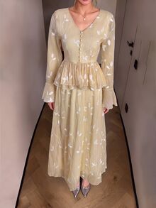 Modelyn Elegant French Lazy Warm Yellow Vintage V-Neck Cinched Waist Decorative Buttons Ruffle Bell Sleeve Draped Embroidery Branch Pattern Gauze Skirt Women 2 Pieces Set - Khaki - View 7