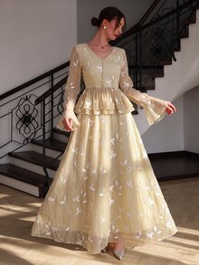 Modelyn Elegant French Lazy Warm Yellow Vintage V-Neck Cinched Waist Decorative Buttons Ruffle Bell Sleeve Draped Embroidery Branch Pattern Gauze Skirt Women 2 Pieces Set - Khaki - View 5