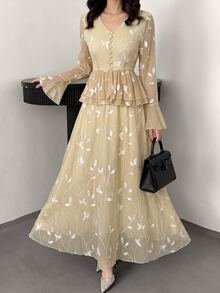 Modelyn Elegant French Lazy Warm Yellow Vintage V-Neck Cinched Waist Decorative Buttons Ruffle Bell Sleeve Draped Embroidery Branch Pattern Gauze Skirt Women 2 Pieces Set - Khaki - View 8