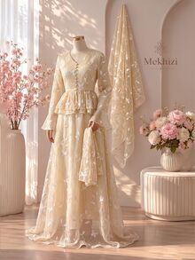 Modelyn Elegant French Lazy Warm Yellow Vintage V-Neck Cinched Waist Decorative Buttons Ruffle Bell Sleeve Draped Embroidery Branch Pattern Gauze Skirt Women 2 Pieces Set - Khaki - View 4