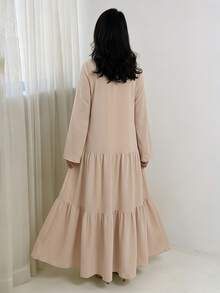 Al Najma Elegant Gentle Exquisite Design Applique Tassel Pendant Multi-Layer Cake Skirt Drape Fabric Flared Long Sleeve Nude Pink Arabian Dress - Khaki - View 2