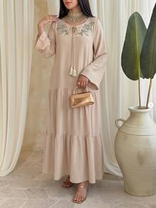 Al Najma Elegant Gentle Exquisite Design Applique Tassel Pendant Multi-Layer Cake Skirt Drape Fabric Flared Long Sleeve Nude Pink Arabian Dress - Khaki - View 8