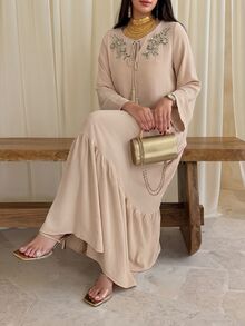 Al Najma Elegant Gentle Exquisite Design Applique Tassel Pendant Multi-Layer Cake Skirt Drape Fabric Flared Long Sleeve Nude Pink Arabian Dress - Khaki - View 5