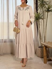 Al Najma Elegant Gentle Exquisite Design Applique Tassel Pendant Multi-Layer Cake Skirt Drape Fabric Flared Long Sleeve Nude Pink Arabian Dress - Khaki - View 7