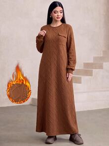 Graceveil Autumn/Winter Camel Quilted Diamond Pattern Jacquard Round Neck Faux Pocket Long Sleeve Loose Long Dress Formal Vacation Modest Casual - Brown - View 8